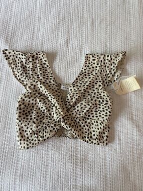 NWT Midnight Sky Twist-Front Linen-Blend Leopard Print Cap Sleeve Top